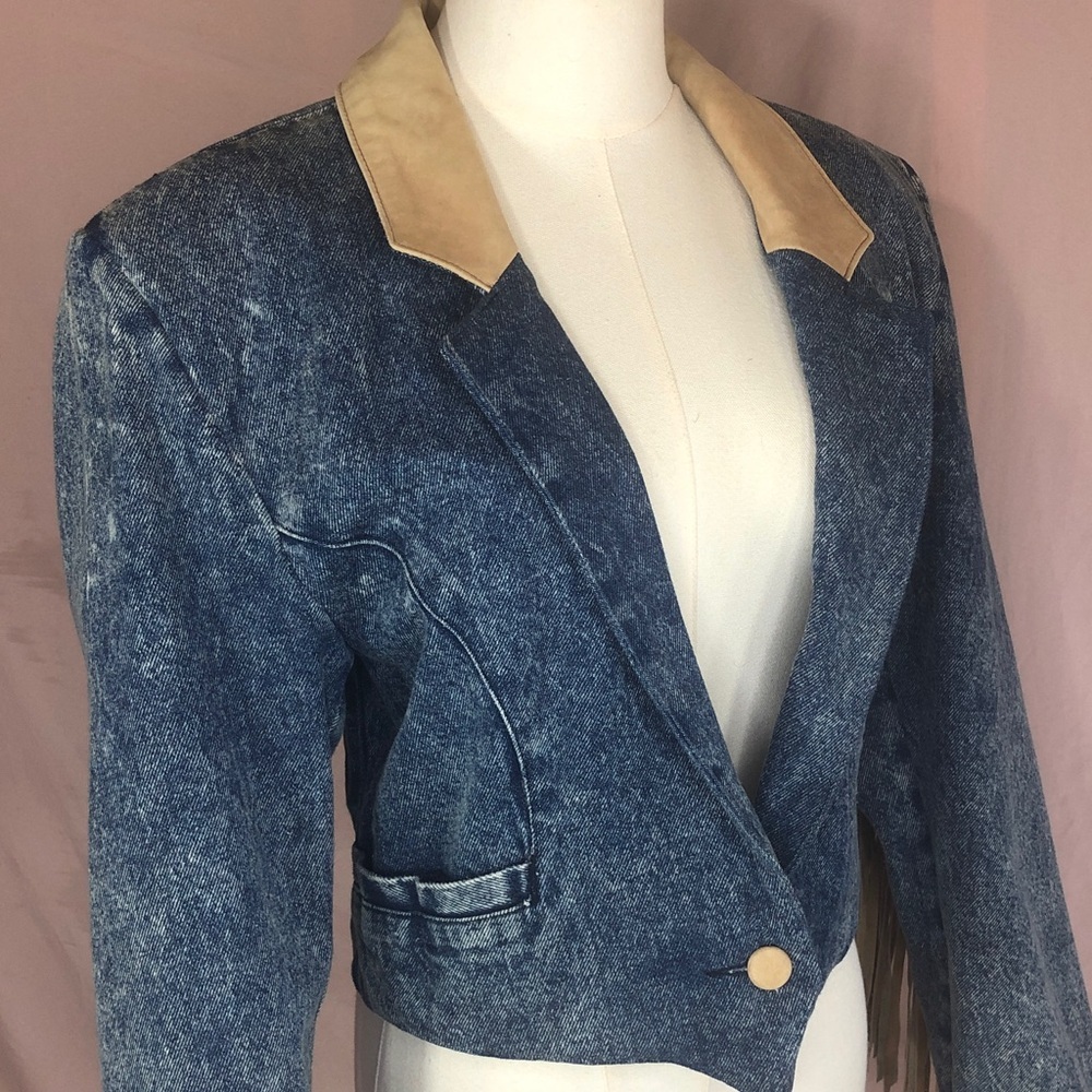 Vintage Blue Denim Western Country Leather Tan Collar Fringe Size Large Like New - Picture 5 of 16